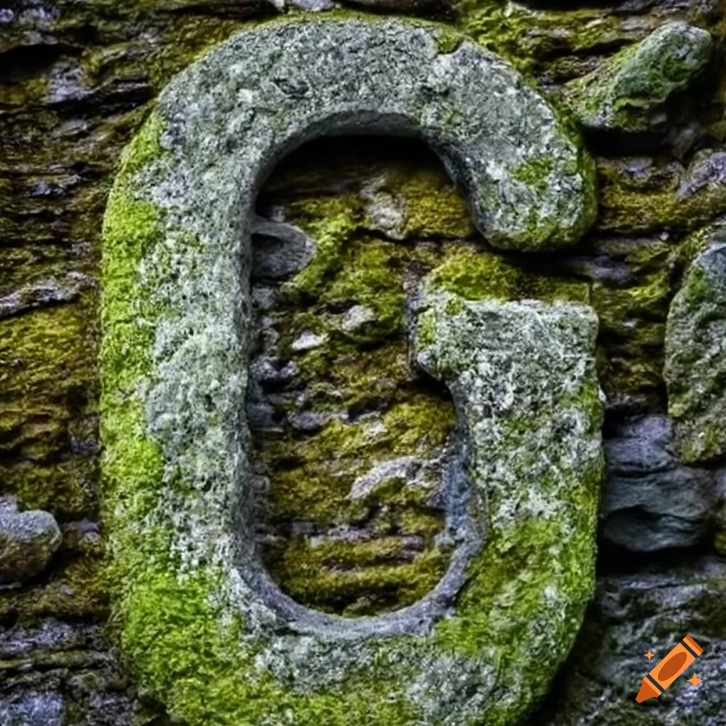 ancient stone letter Q with moss