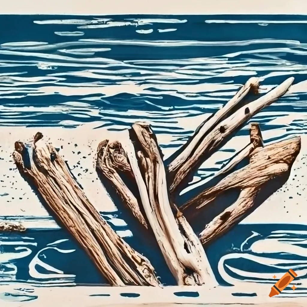 lino print of beach driftwood and marine debris