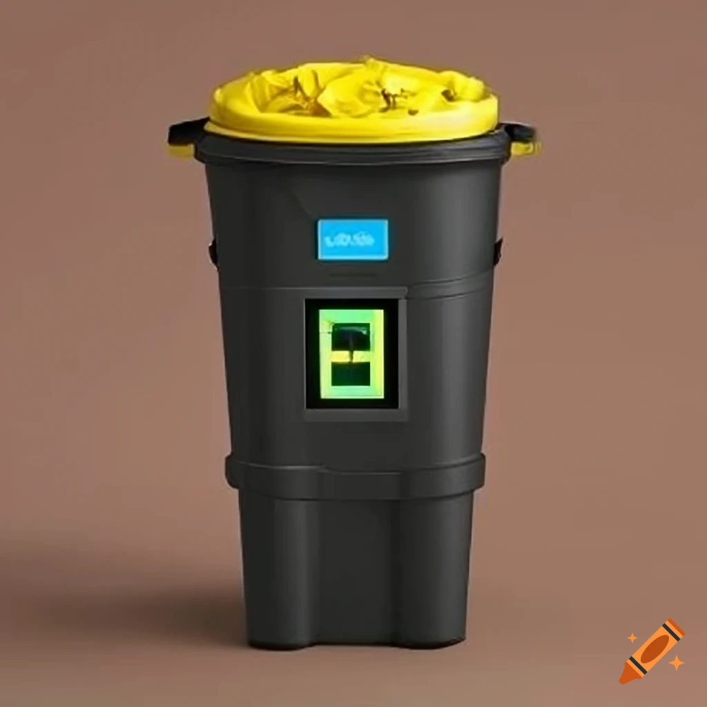 Black and yellow garbage can with built-in scale and qr code on Craiyon