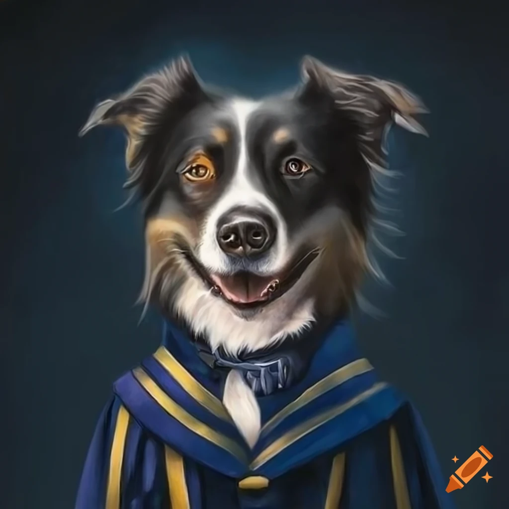 hyper realistic drawing of a border collie in Ravenclaw uniform