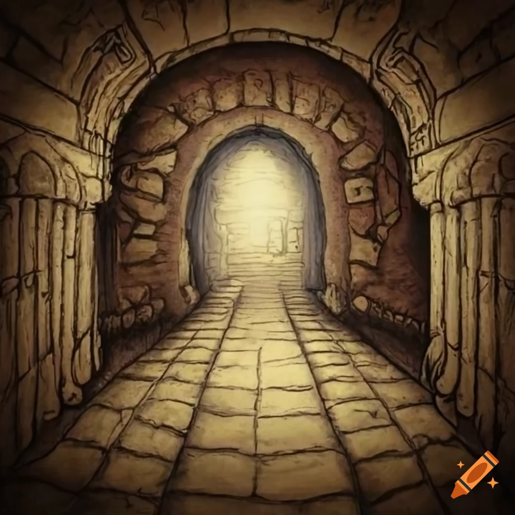 Drawing of a dungeon corridor on old parchment on Craiyon