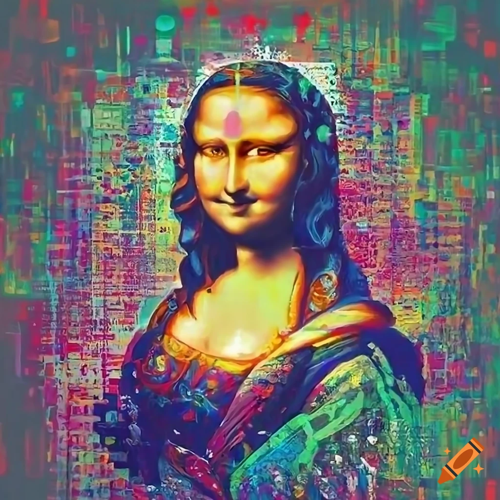 Photo realistic depiction of mona lisa with glowing sanskrit letters on