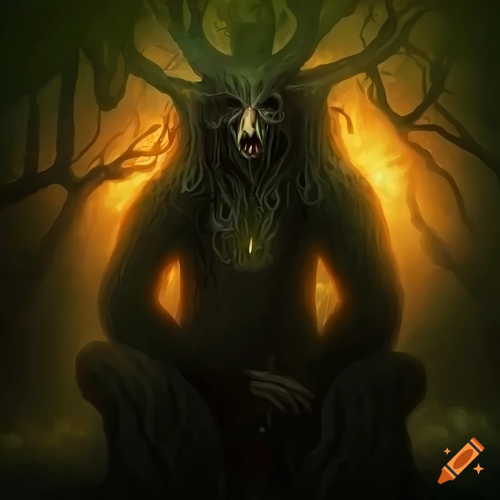 detailed artwork of a dark spirit in a forest
