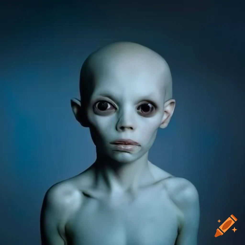 Portrait of a blue-skinned alien boy with wavy white hair