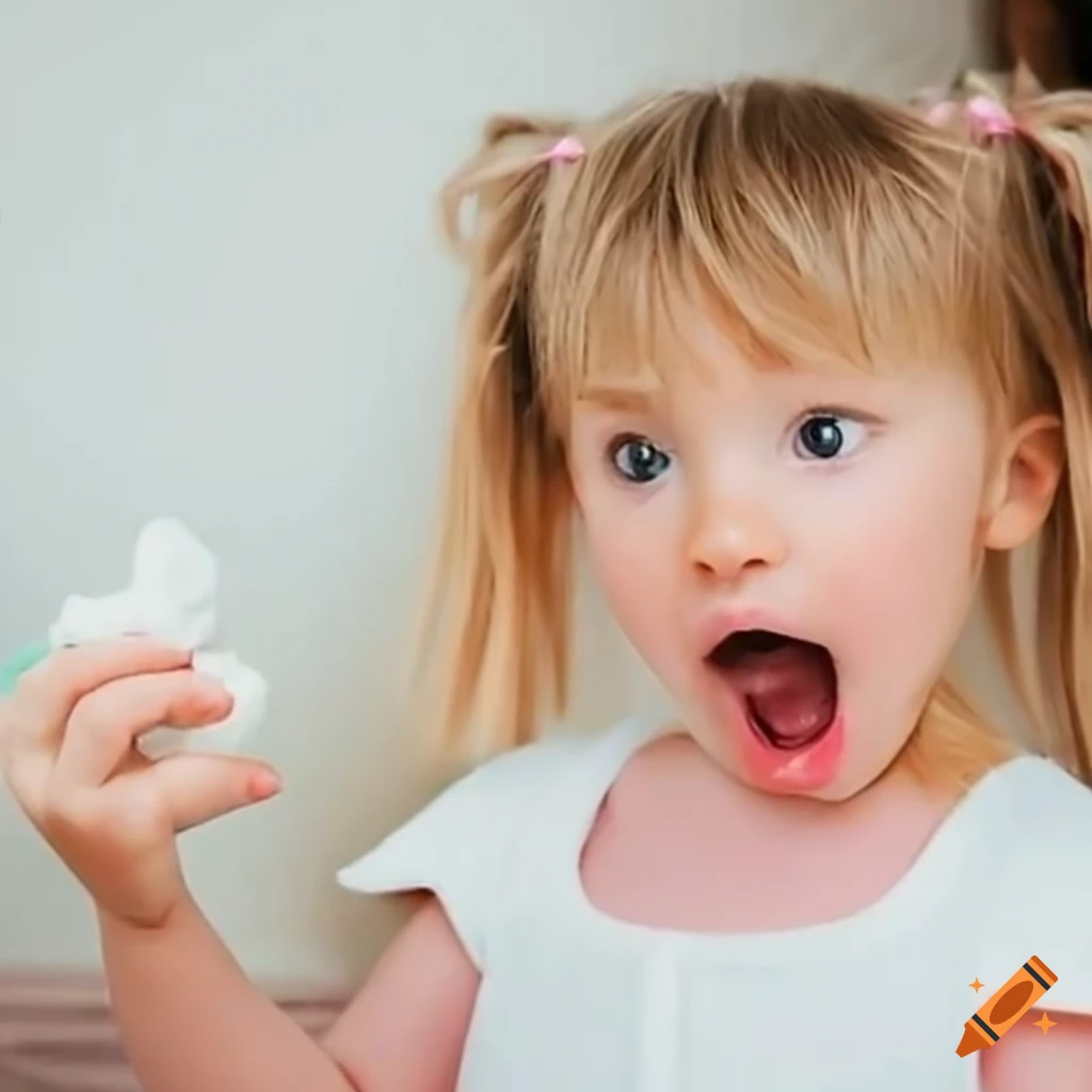 toddler girl with blonde pigtails surprised with white slime