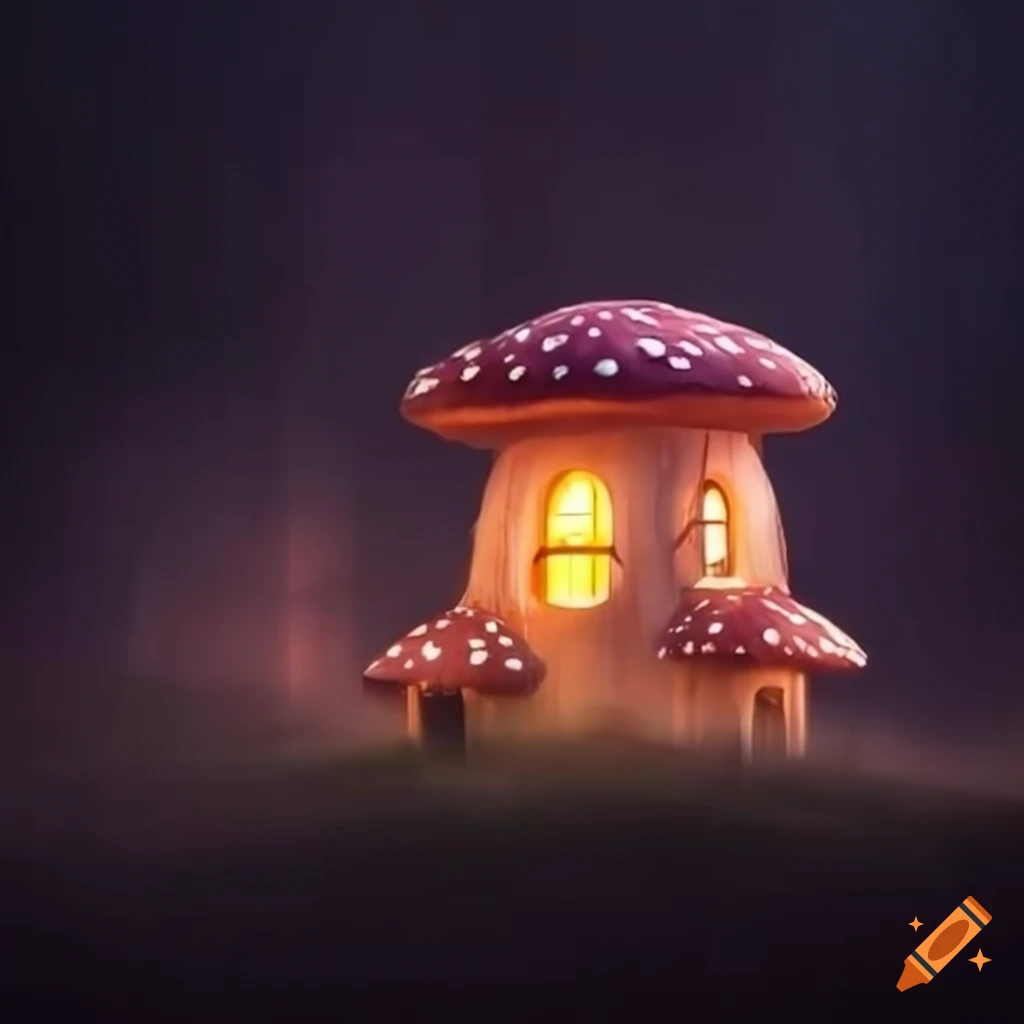 Mushroom house in mist with glowing windows on Craiyon