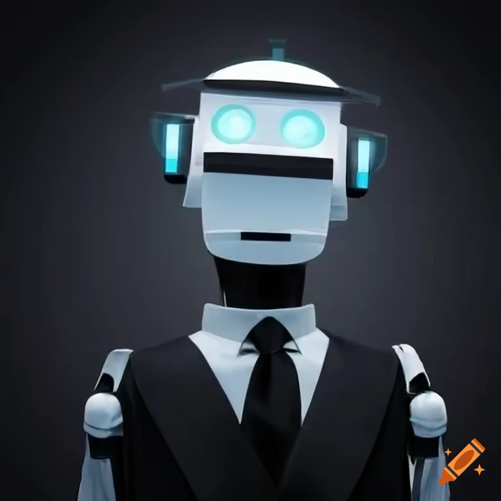 cute robot in a black suit opening a window