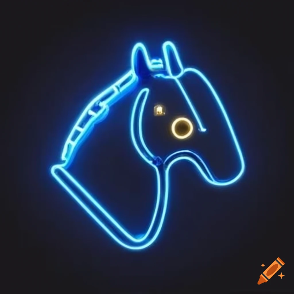 neon sign of a blue and gold robotic horse