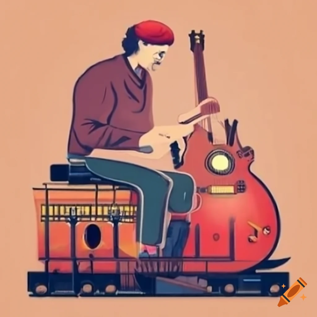 artist playing guitar with train in the background