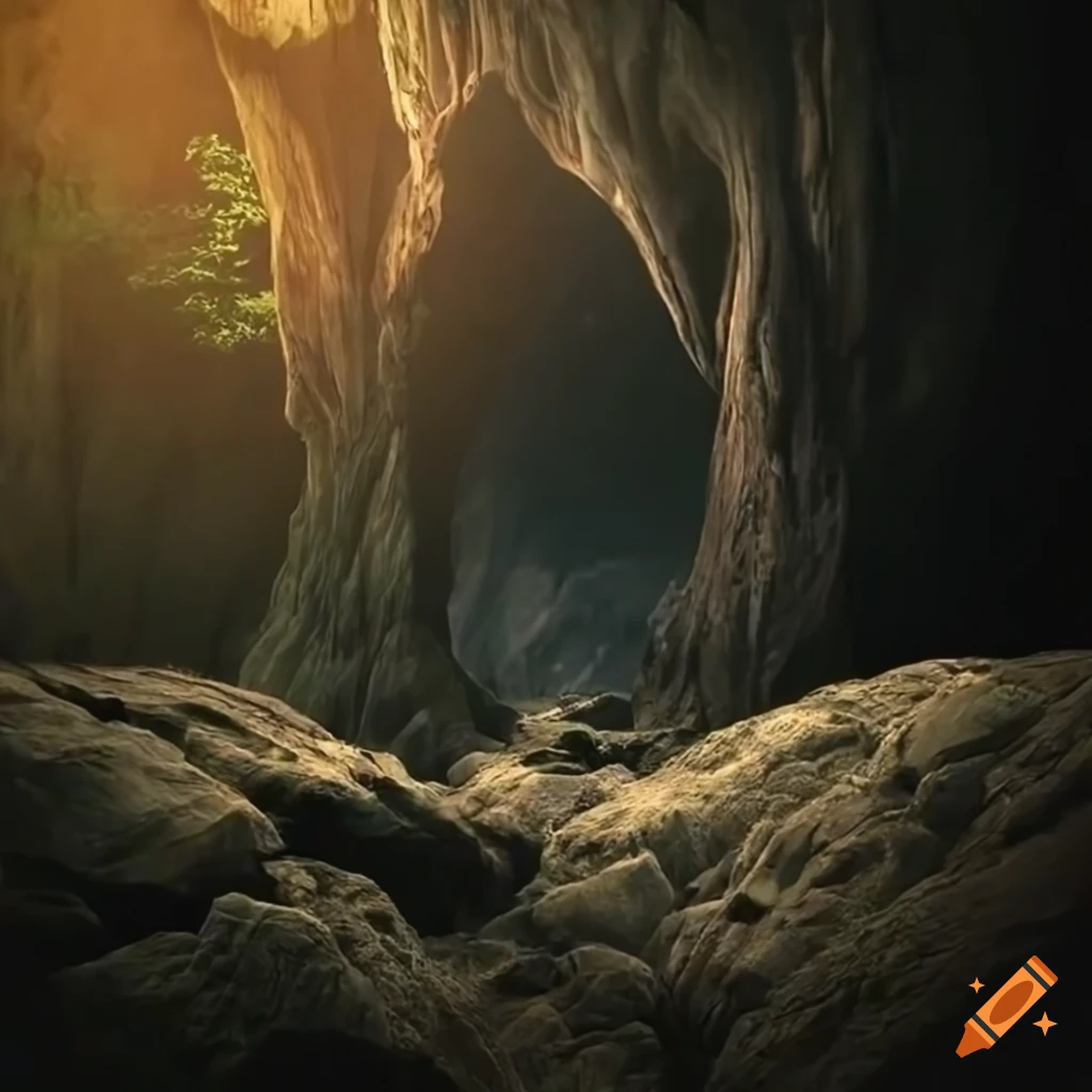 tree on a rocky hillside with a cave underneath