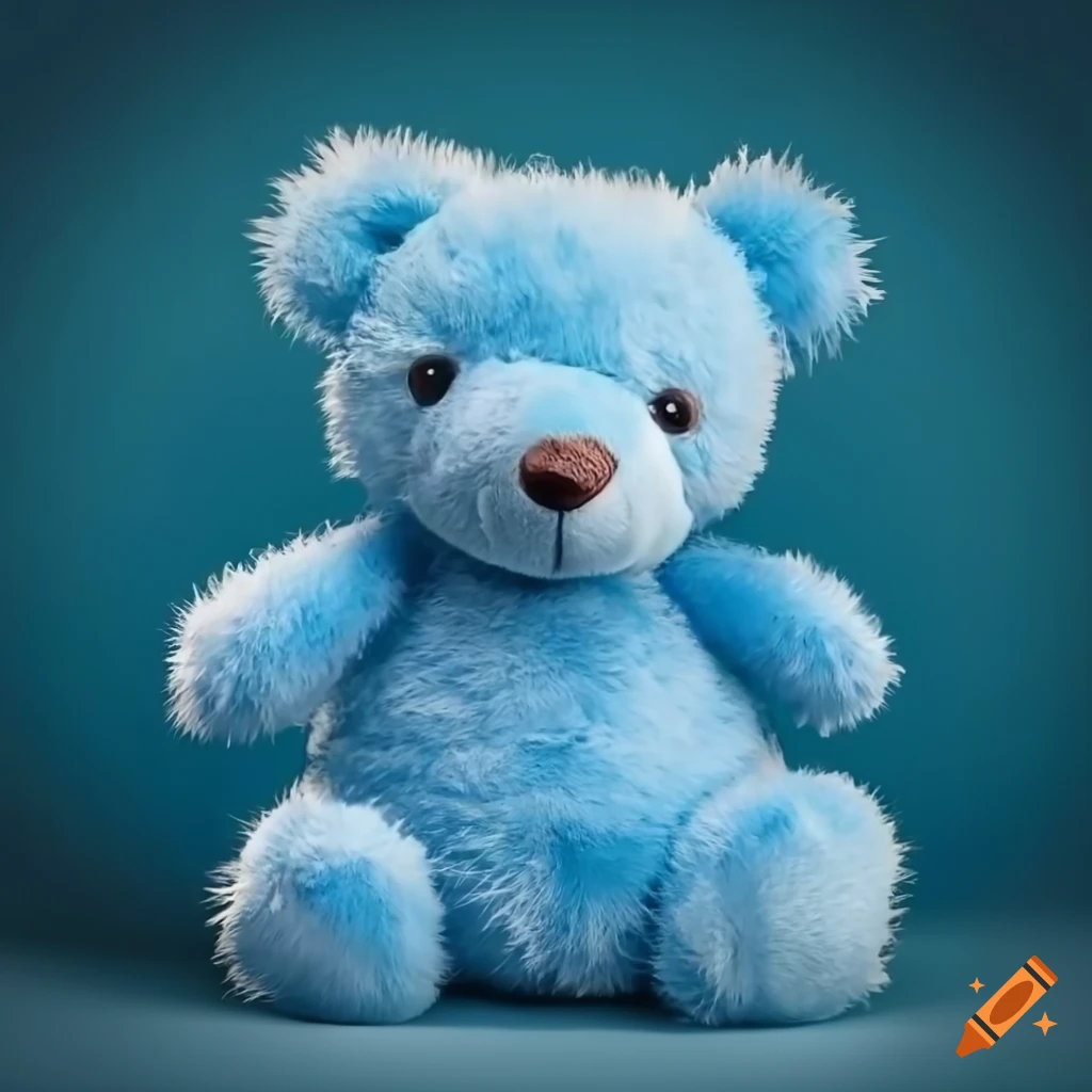 Blue teddy bear with angry eyes on blue background on Craiyon