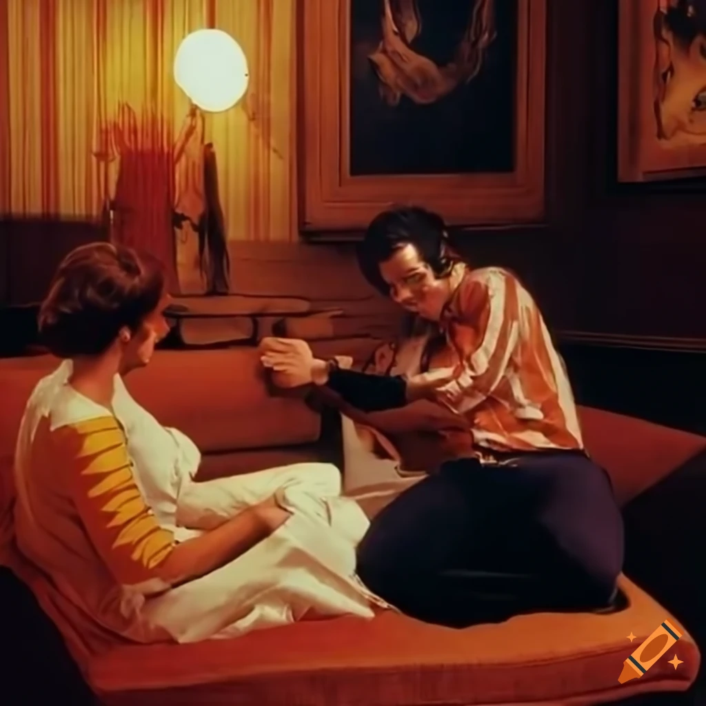 vintage movie scene with a man and a woman on a sofa