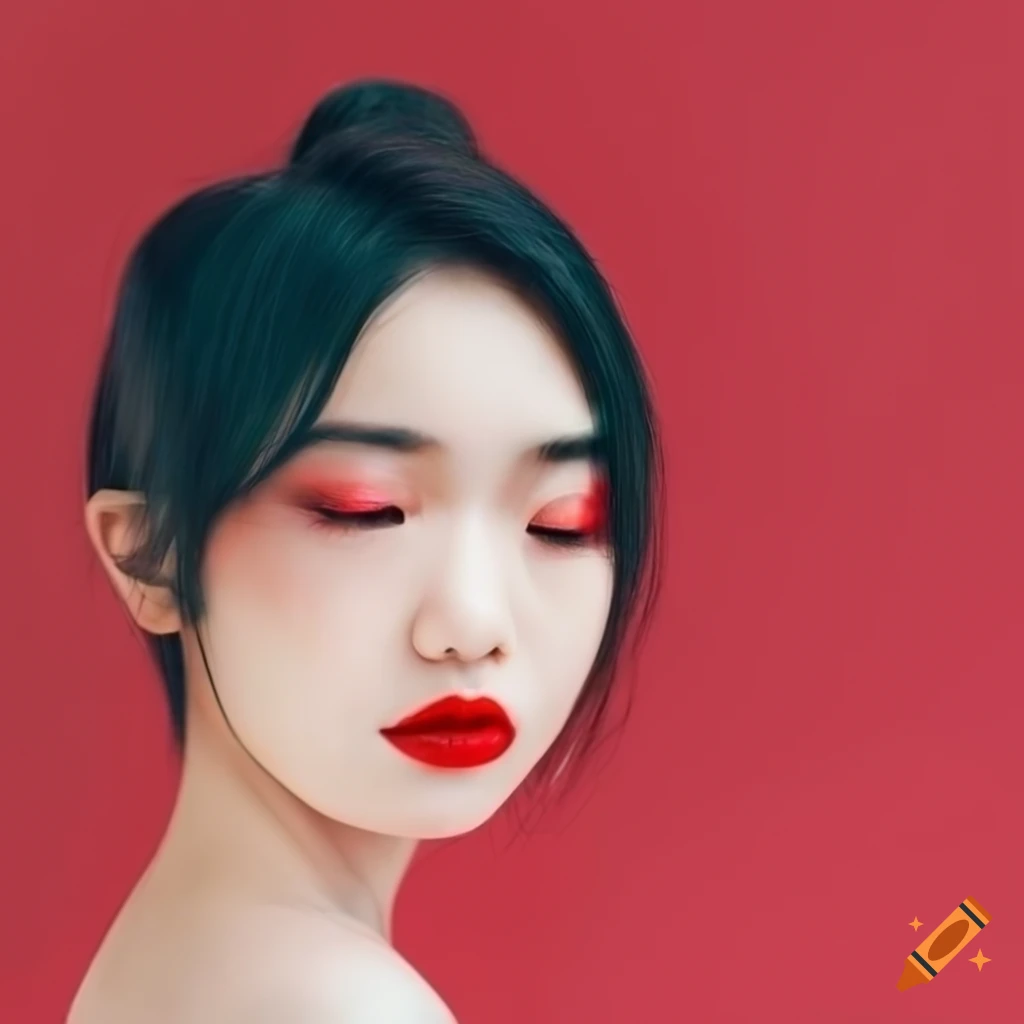 portrait of a Japanese woman with red lips and flowers in her hair