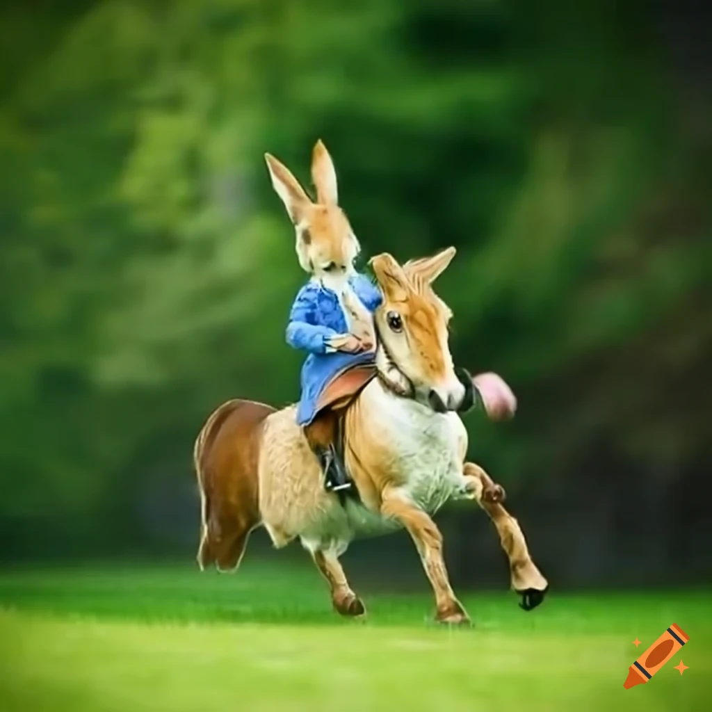 Illustration of peter rabbit riding a horse on Craiyon