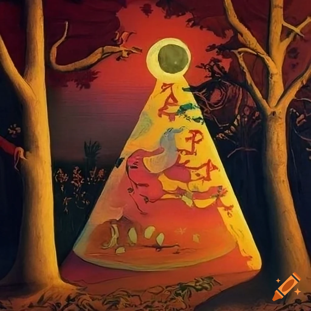 color painting of mystics in ethereal landscape