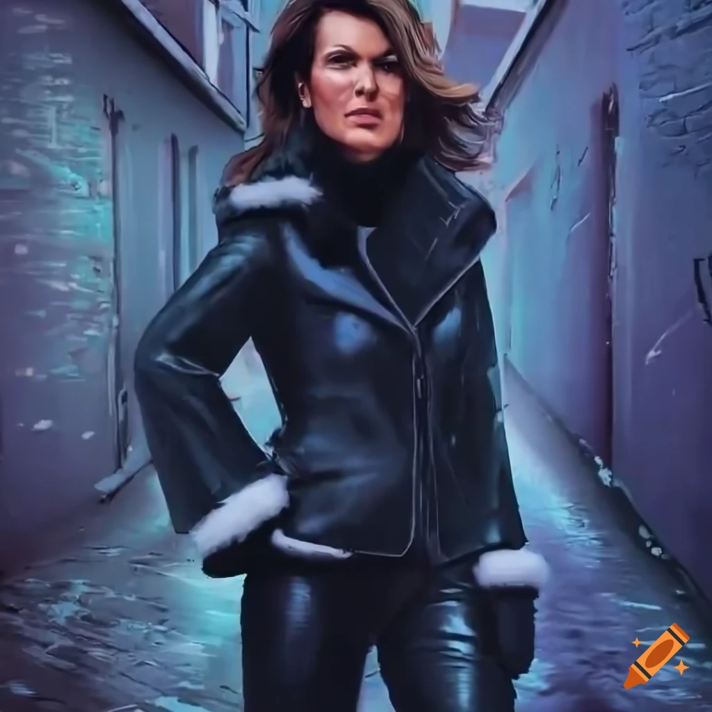 photorealistic artwork of a person in black sheepskin jacket and trousers
