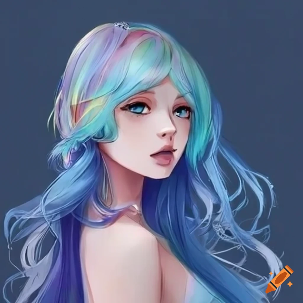 Anime Woman With Pastel Rainbow Hair And Blue Dress 