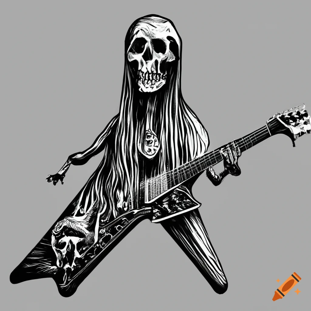 Black and white drawing of a flying v guitar with skull head on Craiyon
