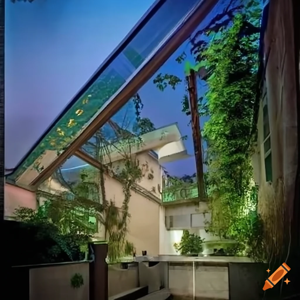 Modern buildings rooftop in iran with greenery and seating options on