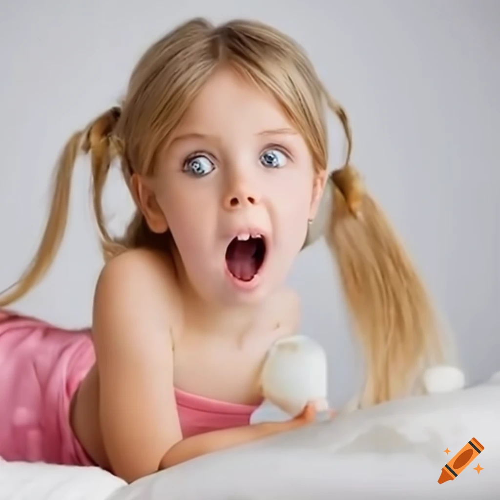 surprised toddler girl with slime in her blonde pigtails