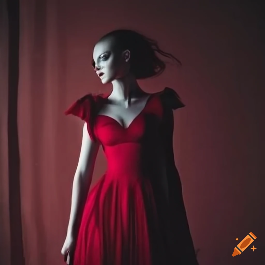 artistic portrayal of a pale girl in a crimson dress