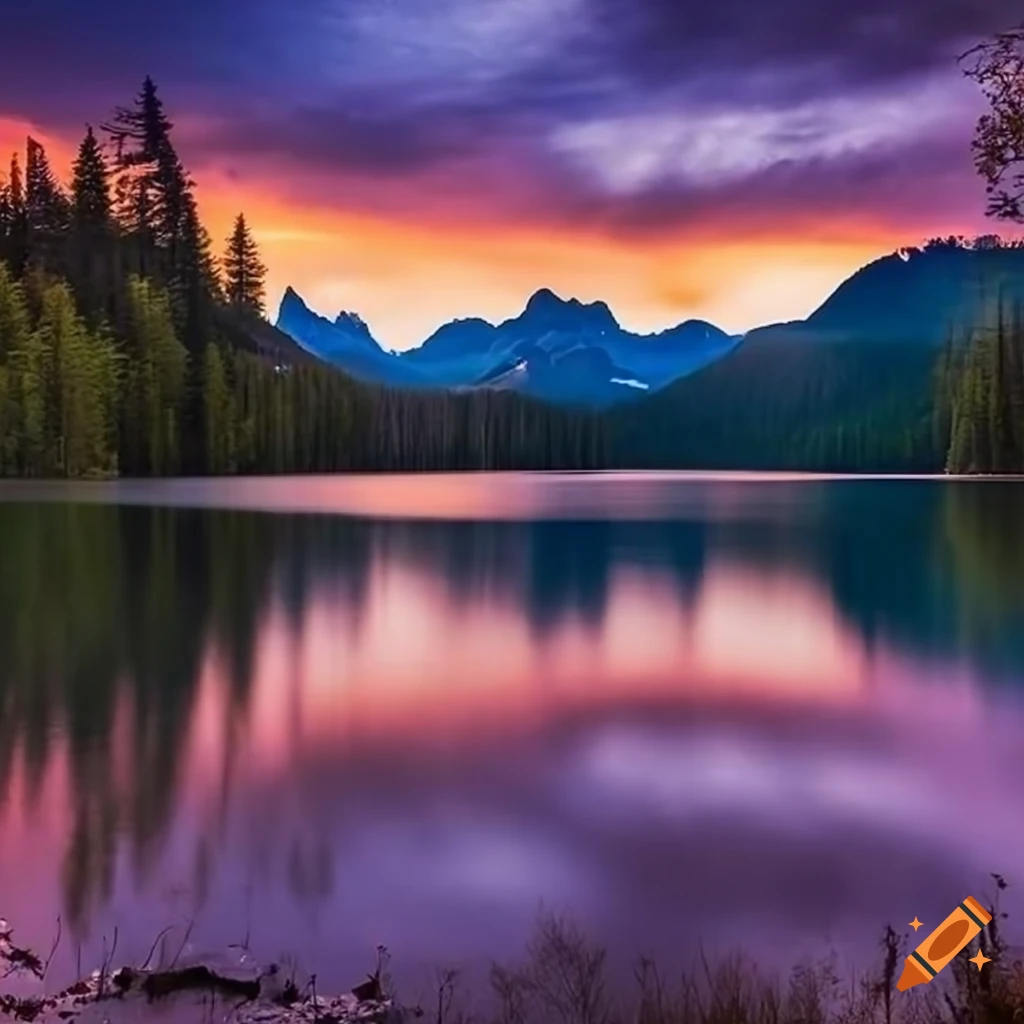 sunset over a mountain and lake