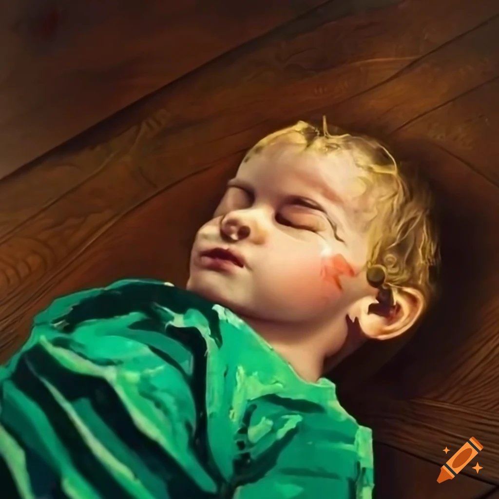 palette knife painting of a toddler lying on hardwood floor