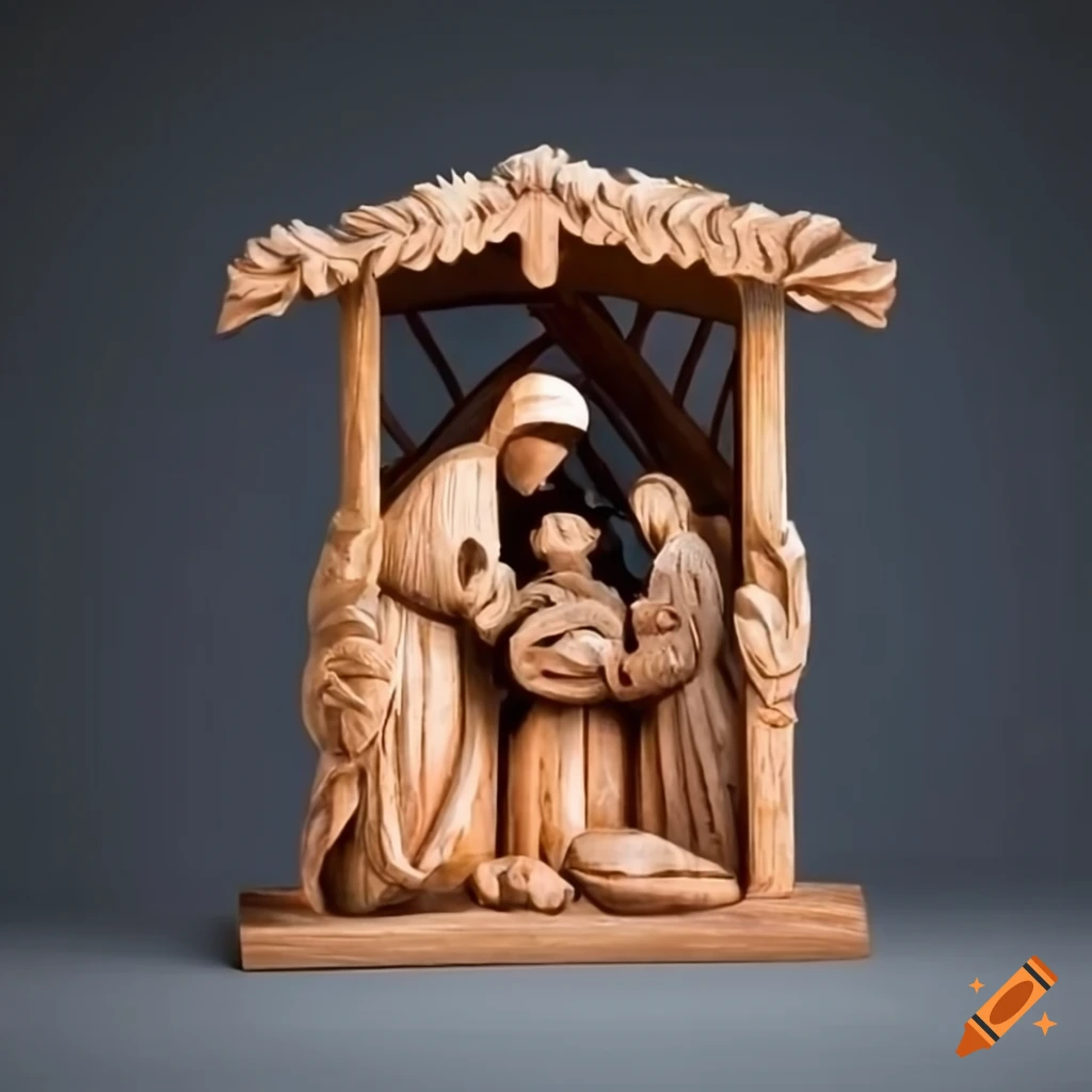 intricate wood carving of a manger scene