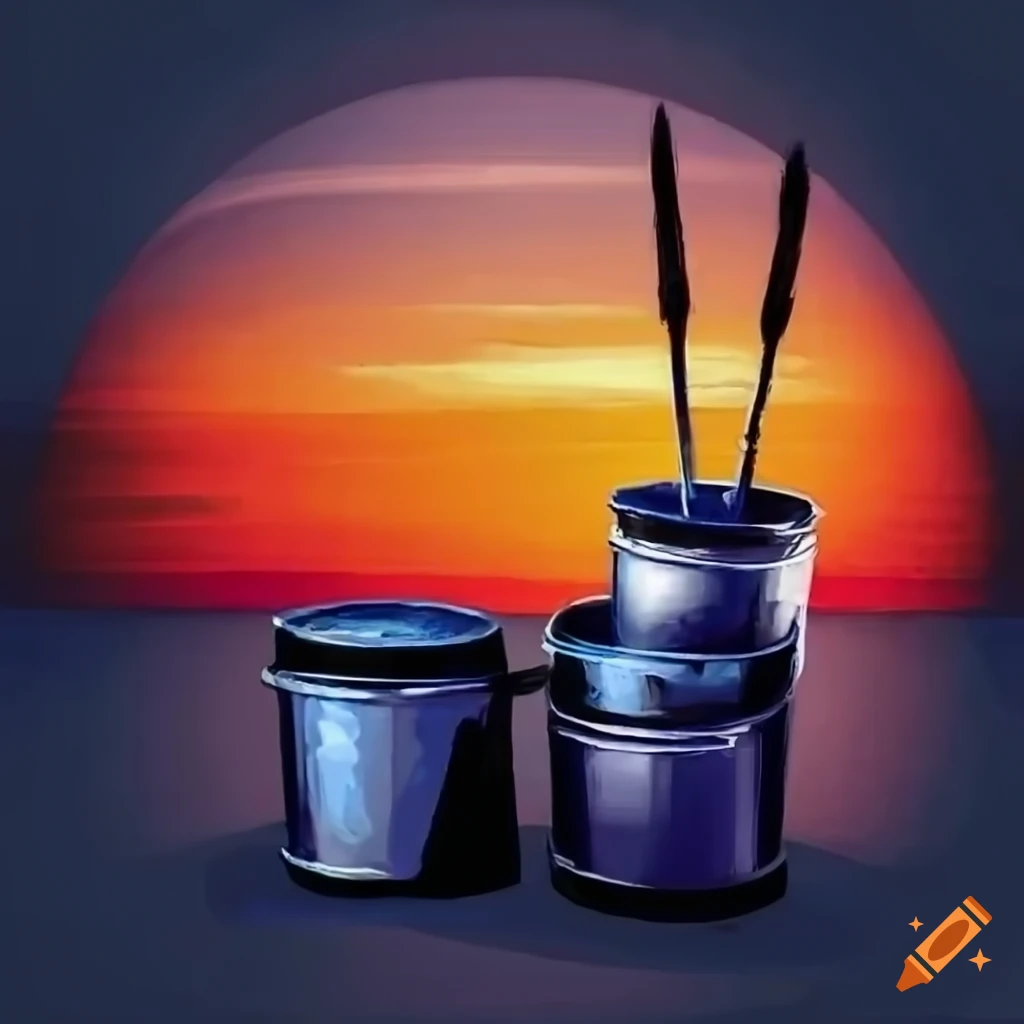 Sunset painting with empty paint buckets and brushes on Craiyon