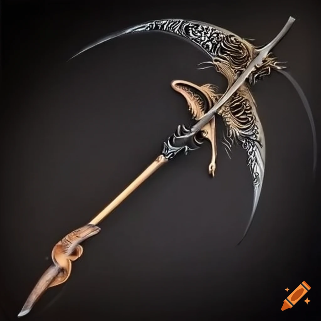 Elegant scythe blade with feather-like patterns on Craiyon