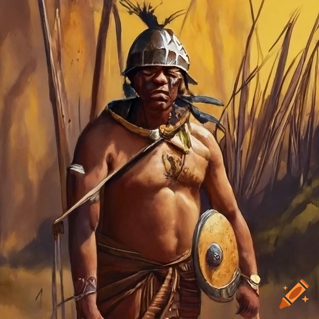 Bushman warrior in bronze age inspired armor on Craiyon
