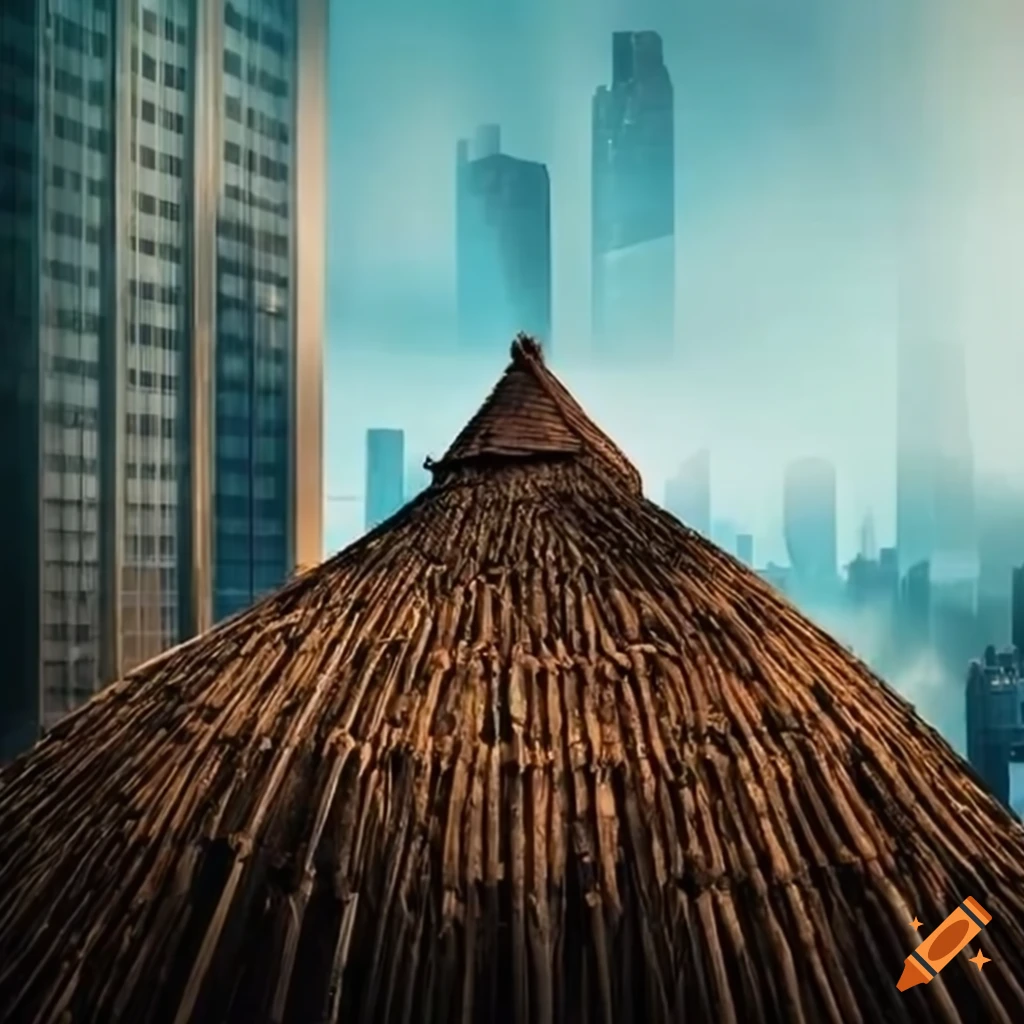 city skyline with glass skyscrapers and leaky straw hut roof