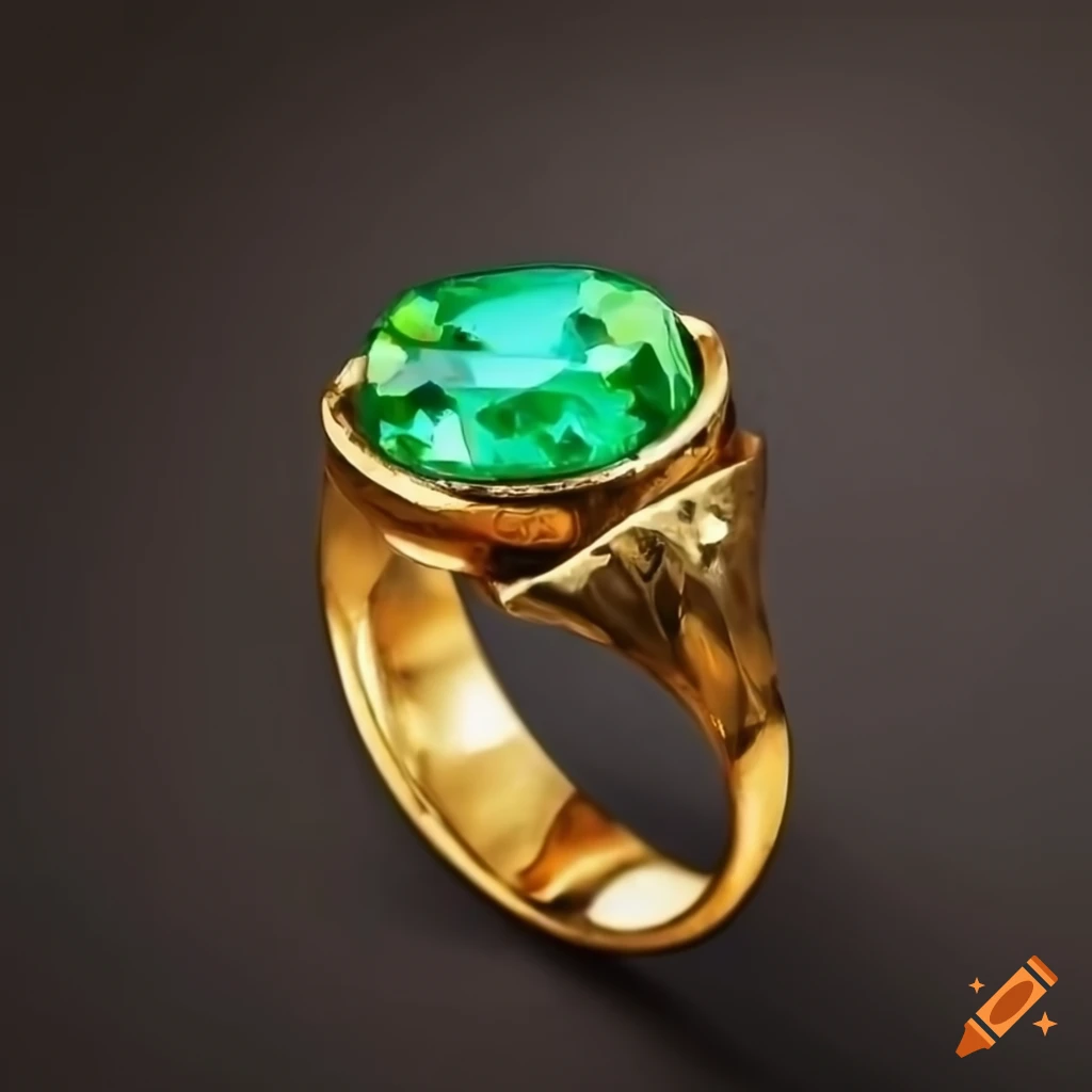 Knife palette painting of a gold ring with green gemstone