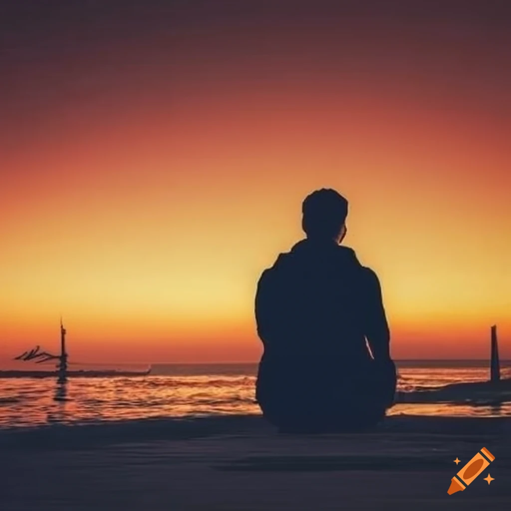 Silhouette of a man watching sunset at the dock