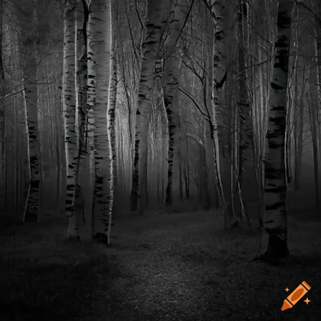eerie scene in a dense birch forest