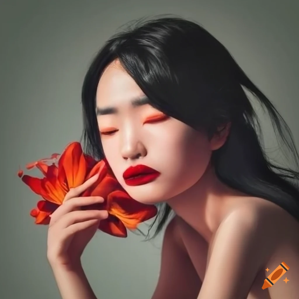 portrait of a young Japanese woman with red lips and flowers in her hair