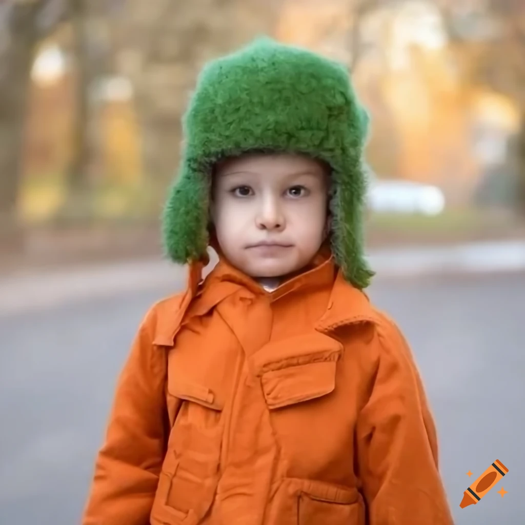 Kid with green trapper hat and orange coat