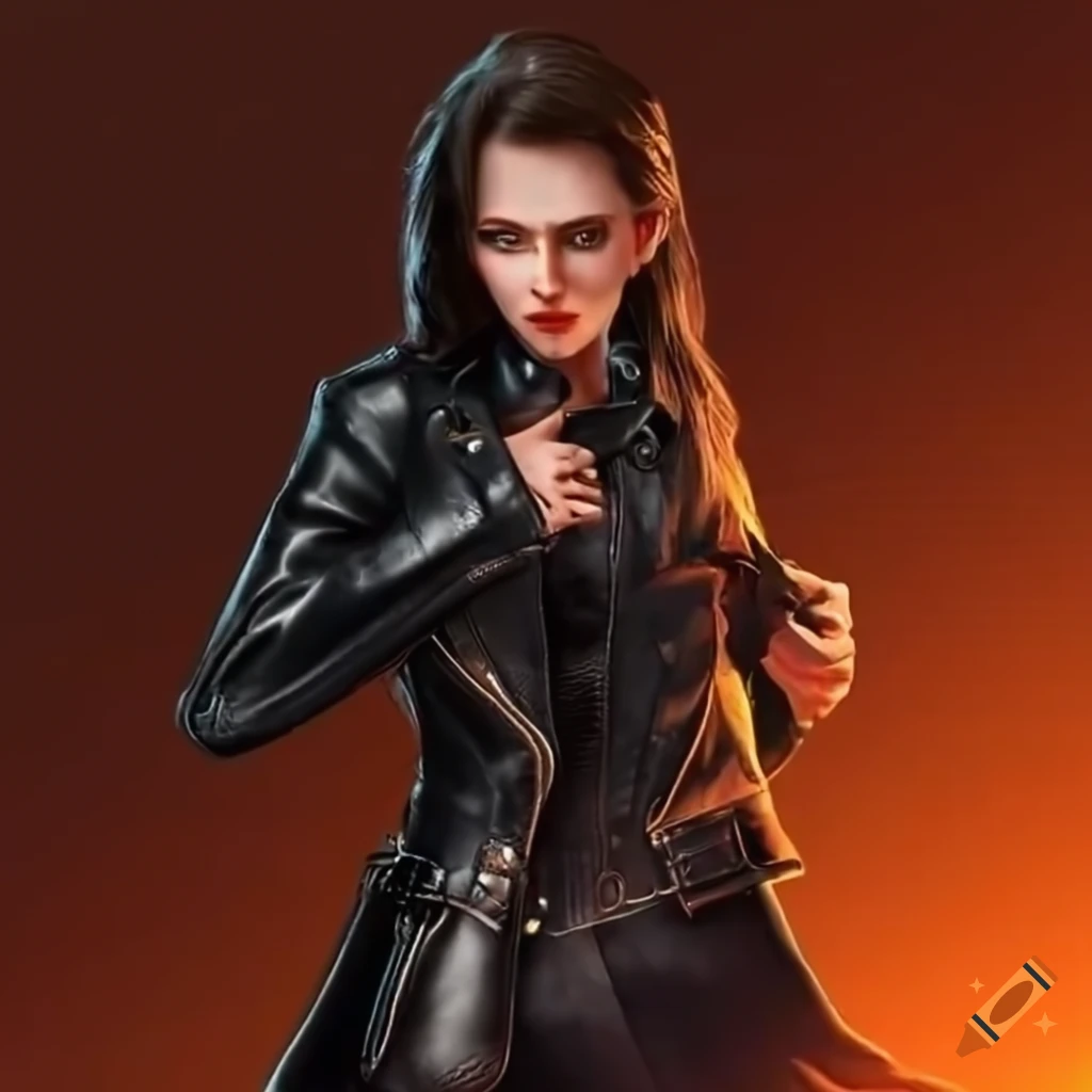 Woman In Black Leather Jacket And Dress With Knives On Craiyon 