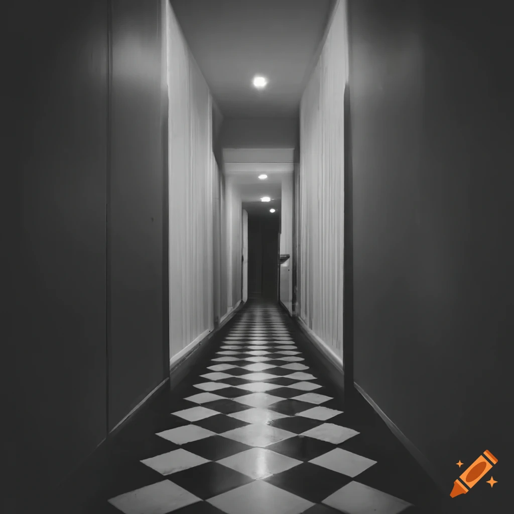 dark and moody hallway with checkerboard floor