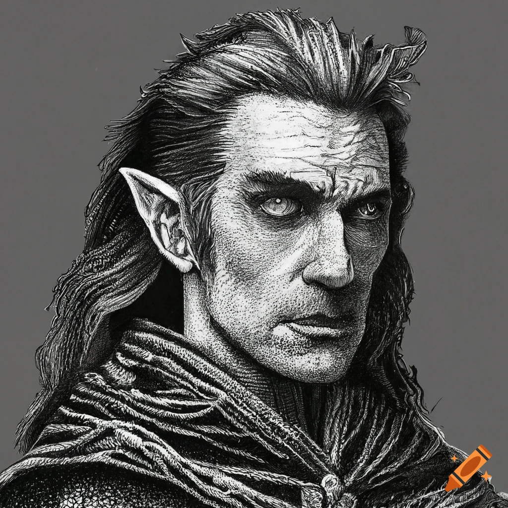 Stipple drawing of a handsome sorcerer in black ink on Craiyon