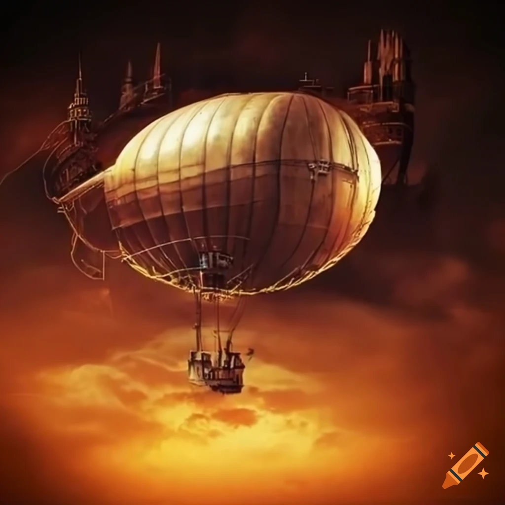 steampunk airship soaring through the clouds