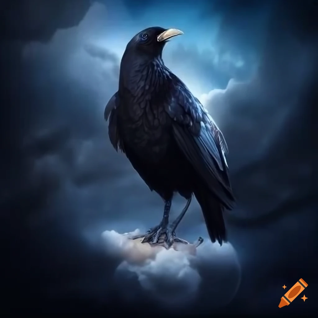 crow resting on a cloud in a fantasy setting