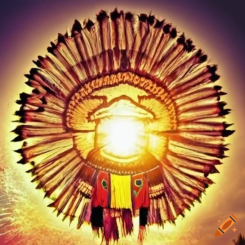 sun with a kachina warrior face and feathers as rays