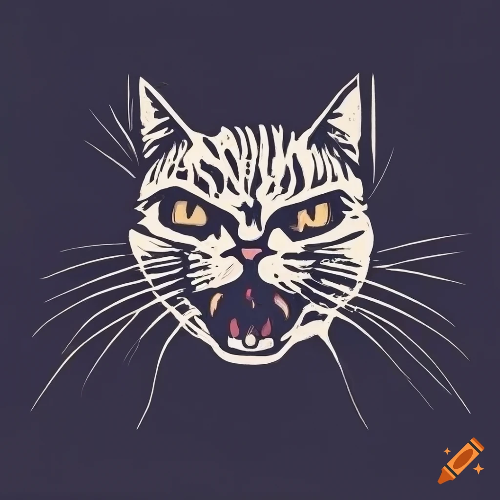 Minimalist linocut-style angry cat face