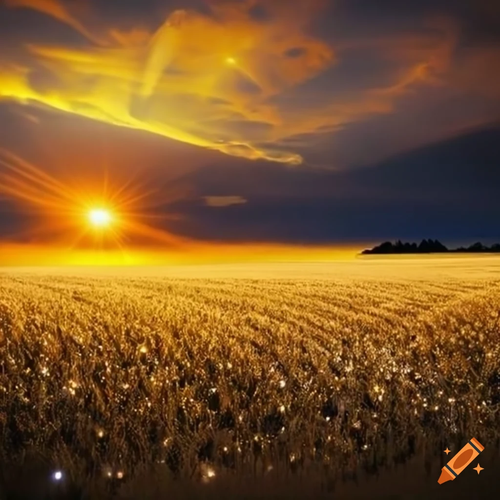 golden fields with sparkling crystals