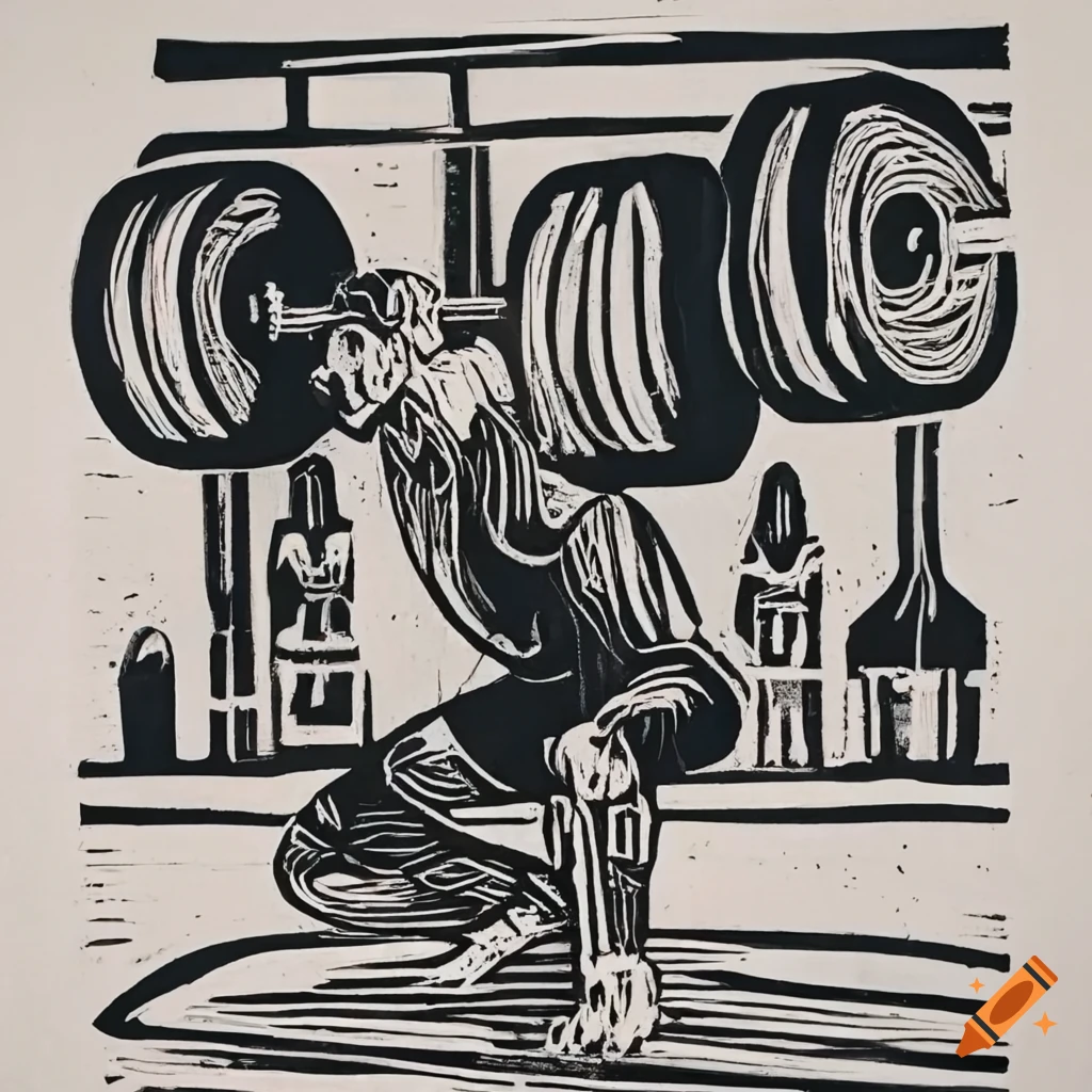 lino print of weightlifting in the gymnasium