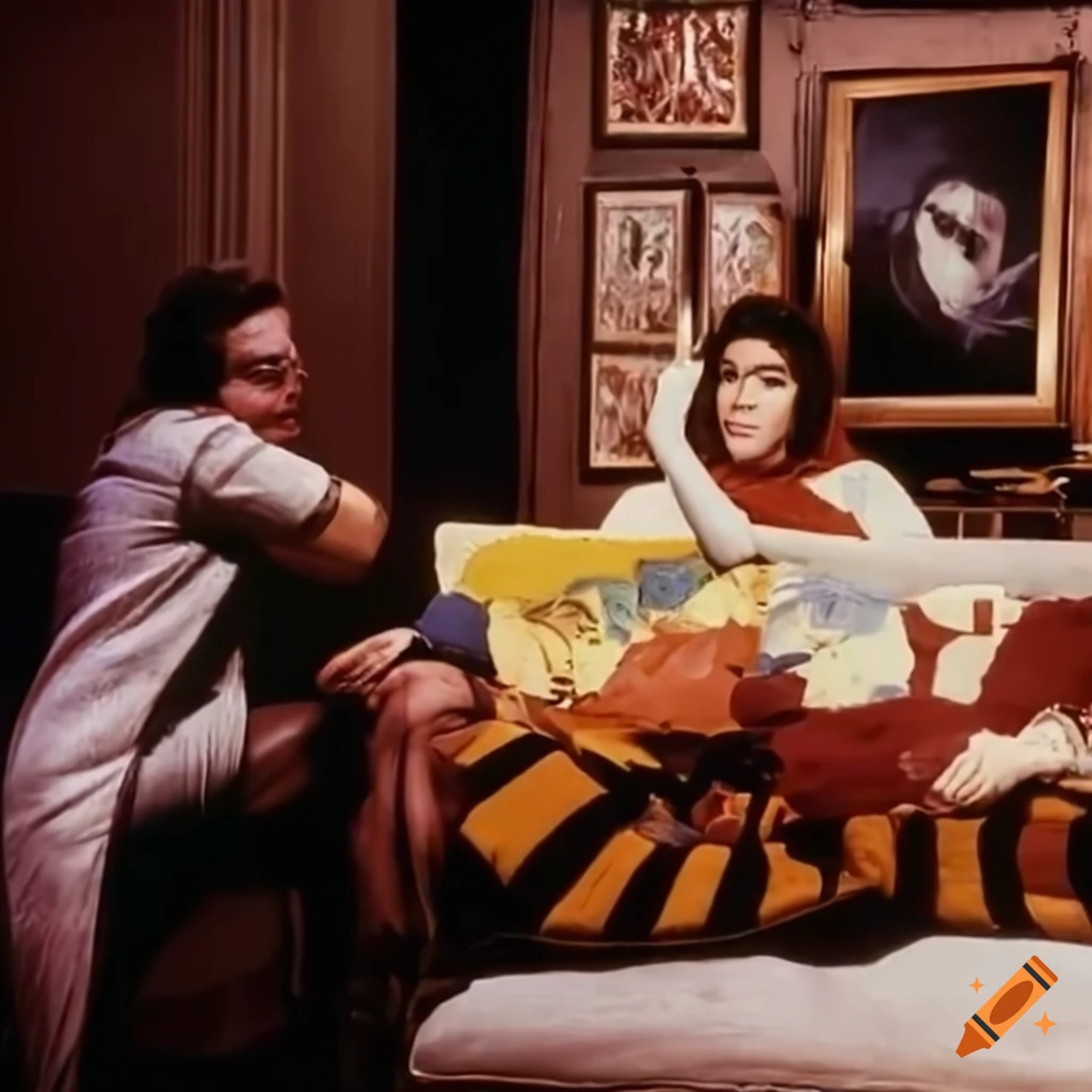 vintage movie scene with a couple on a sofa and a painting