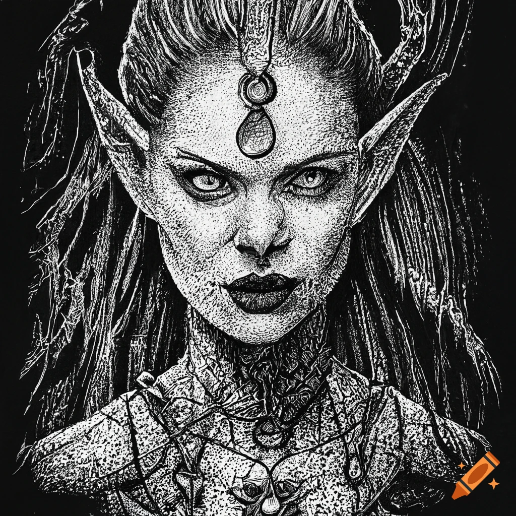 Portrait of a sorceress in black ink illustration on Craiyon