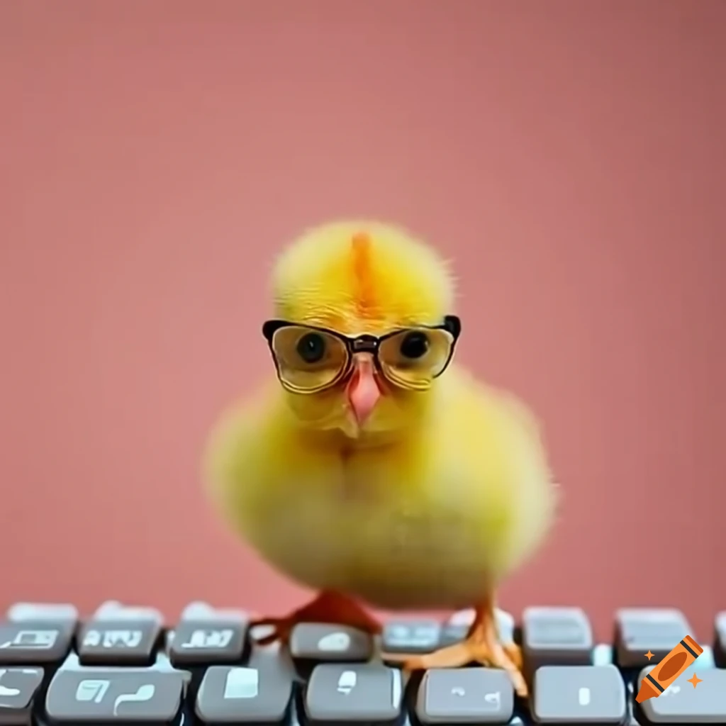 cute baby chicken with glasses typing on a keyboard