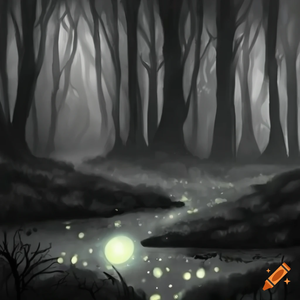 Enchanted forest with fireflies and misty atmosphere on Craiyon